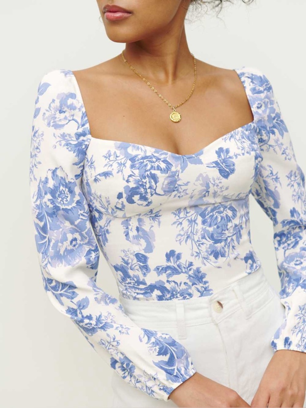 Reformation Reign Top Olympia Blue White Floral Smocked Crop Blouse Sz 4 Small